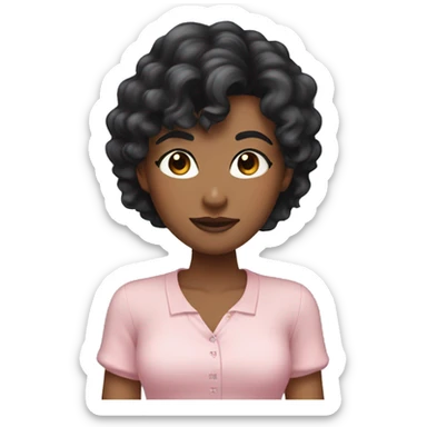 woman with long black curly hair and bangs and dark brown eyes, wearing a pastel pink blouse sticker