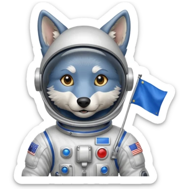 a wolf in space suit, holding blue rectangle flag sticker