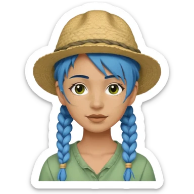 messy green full face clay mask and tourist hat blue hair braid sticker