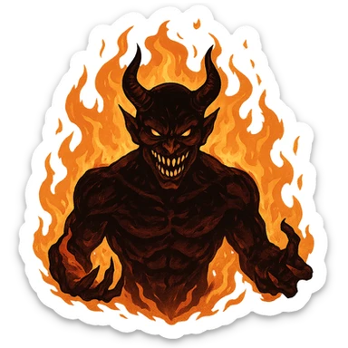 evil demon with flaming aura, jagged teeth, sinister expression sticker