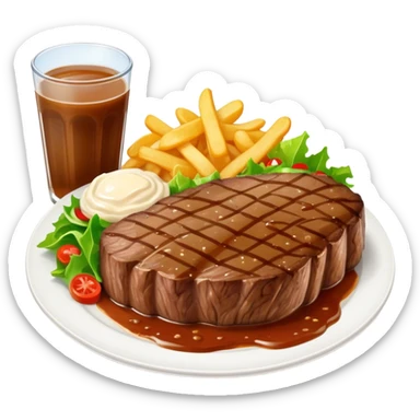 big juicy australian steak meal featuring chips, small salad in a ramiken and gravy  sticker