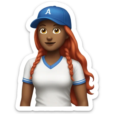 front facing, standing female coach with long red hair, wearing a white t-shirt and a simple blue baseball hat sticker