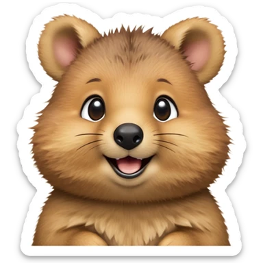 cinematic-realistic quokka-emoji,-small-round-frame, head tilted in an endearing manner, comical smile, round cheeks, giant-fluffy-cheeks-large-smile-fluffy-brown-fur-radiating-a-warm-softness,-big-round-eyes-filled-with-joy, realistic round  fluffy zoomed in, large black eyes one paw raised in the air sticker