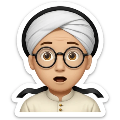 A person with light skin tone, wearing a traditional white ghutra with a black agal, large brown eyes, round glasses, and an open mouth showing a surprised or shocked expression. sticker