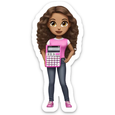 Hyper realistic bratz doll brunette with small pink calculator sticker