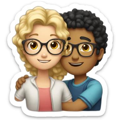 boy with curly blonde hair and glasses hugging girl with black hair and glasses sticker