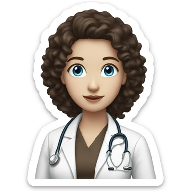Female, blue eyes, pale skin, long dark brown curly hair Doctor sticker