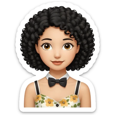 A young woman. She has voluminous, curly black hair that frames her face beautifully. Her skin tone is warm and glowing, and she has a subtle, natural makeup look. She’s smiling softly at the camera. She is wearing a white floral top with thin straps and a small bow tie detail in the front. sticker