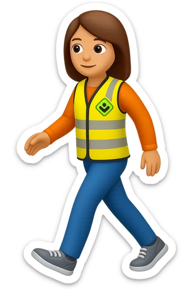 Edit the images to depict a full-body white female person walking, with shoulder-length brown hair, wearing a high-visibility vest, no hard hat, and trainers. The style should resemble apple style emojis with no background (transparent). sticker