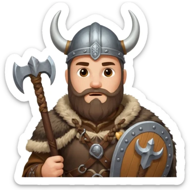 A tall Viking with braided beard, fur cloak, and heavy axe resting on his shoulder with horned helmet sticker