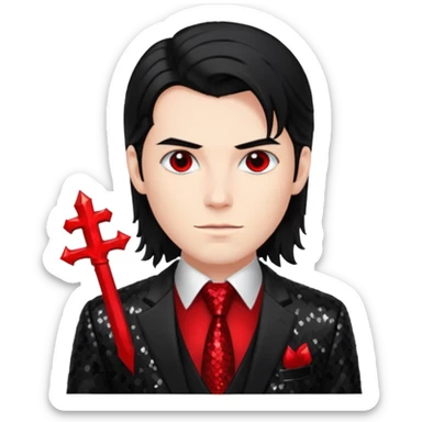 Lucifer from Christian Mythology with long black hair, black sequin suit jacket and tie, red shirt sticker