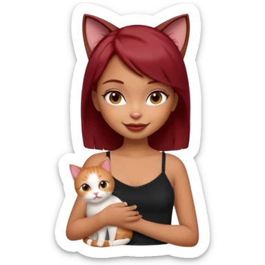 generate a pretty bratz girl with short dark red hair holding a cat smiling. Wearing a black cami sticker