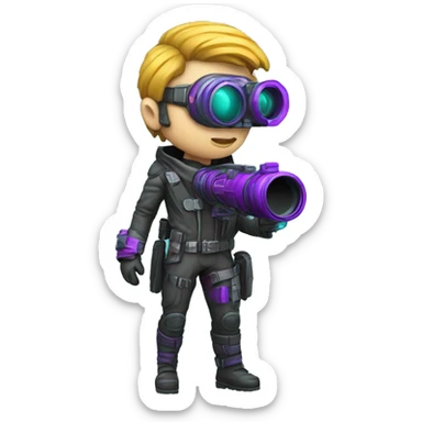 Secret human agent with  cyberpunk elements with a spyglass looking reviewing multicolor lines of code, cyan and purple colors sticker