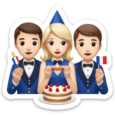a french style elegant girl being recorded by 2 elegant guys with a french flag  and the girl eating a cake sticker