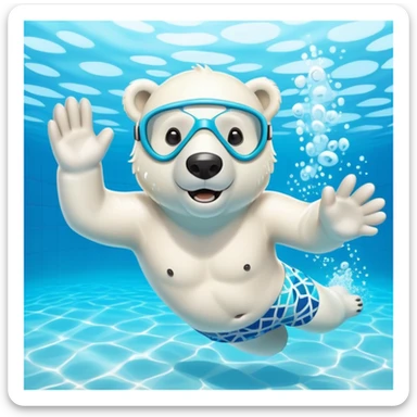 friendly anthropomorphised polar bear swimming freestyle in a large pool, excited expression, wearing patterned swim trunks and full snorkel mask sticker