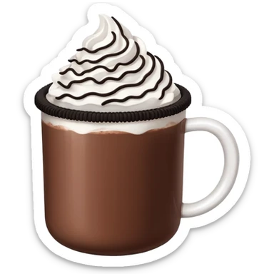 Hot chocolate with whipped cream and marshmallows on top of the whipped cream and also crunched Oreo crumbs. sticker