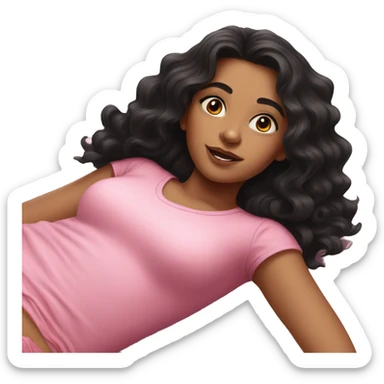 realistic portrait of girl with wavy black hair wearing a pink top lying down sticker