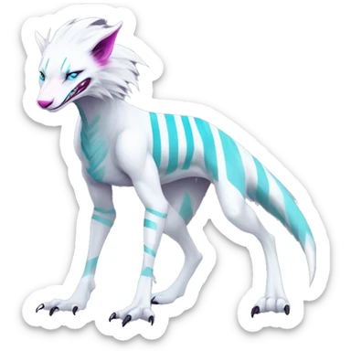 White badass elegant wild beautiful natural cute badass epic anthro modern albino sergal-vernid-creature with cyan mane and magenta eyes with cyan edgy stripes, full body, blue pretty hair, outside, modern, aesthetic, art by LiLaiRa, art by art by Falvie sticker