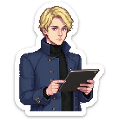 Flat pixel art, bold and charismatic male leader, Caucasian, short neat blonde hair, sharp eyes, indigo coat over black turtleneck, one arm raised pointing out, holding tablet, waist-up, front-facing sticker