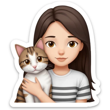 a girl with long dark brown hair, in a
white T-shirt and brown eyes, hugs a tabby
dark grey and white strips one cat sticker