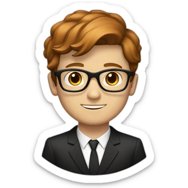 a white boy with square glasses with short brown reddish hair wearing a suit and black shoes sticker