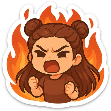 Create a chibi sticker of a girl with double bun hairstyle, same face and clothes as the previous stickers, angry and screaming with a furious expression, surrounded by flames, no outline, no background. sticker