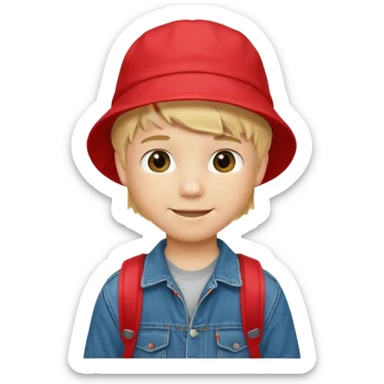 A little boy student, blonde hair, with red bucket hat, jean jacket, backpack sticker