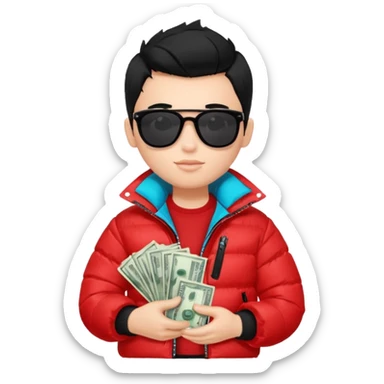 a pretty bratz boy with black hair, holding a bag of money, sunglasses on, red puffer jacket sticker