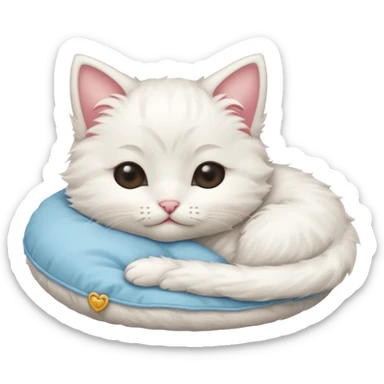 white fluffy kitten snuggling a pillow, cheeks rosy, eyes closed in > < shape sticker