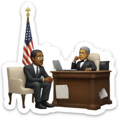 President sitting at a desk with another man in a suit talking to him  sticker