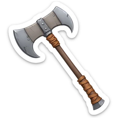 barbarian axe object icon, huge double-bladed axe, rough metal, wooden handle, leather wraps, fantasy style, 3D cartoon, mobile game icon style, centered, clean background, soft shadow, no text, no watermark
 sticker