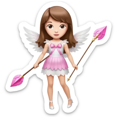 Hada de piel clara cupido pequeña  de cabello largo lacio castaño con flequillo y ojos cafés  vestida con algo sensual semitransparente corto color blanco o rojo con 1 arco y una sola flecha que combinen y labios rositas tipo Barbie pero en hada cupido de cuerpo completo de pies a cabeza   sticker