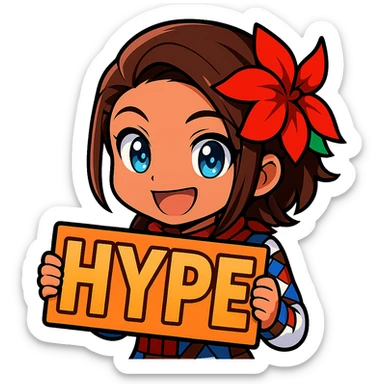 Azucena from Tekken 8 in chibi sticker style, holding a sign that says 'HYPE', excited expression, designed for Twitch emote use sticker