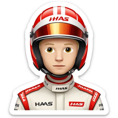 Kevin Magnussen, Formula 1 driver for Haas team, wearing white and red Haas racing suit and helmet sticker