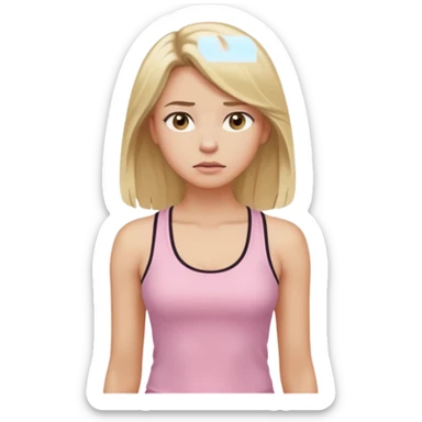 Create a young woman with long blonde hair, golden eyes, and medium-light skin tone, wearing a light pink tank top and leggings. She should be in portrait mode, but with a subtle doubting facial expression—slightly raised eyebrow, small frown, .  and her hand next to her chin likethinking face emoji sticker