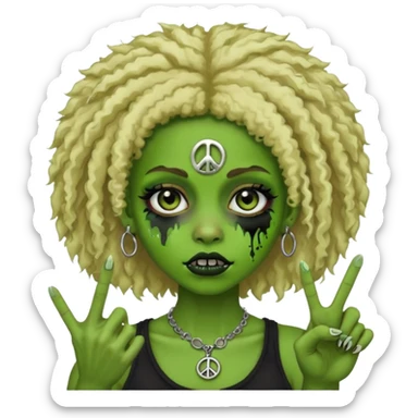 girl, green zombie,blonde afro, medium long, shaggy, dark, spooky,double eyebrow dermal piercing,peace sign sticker