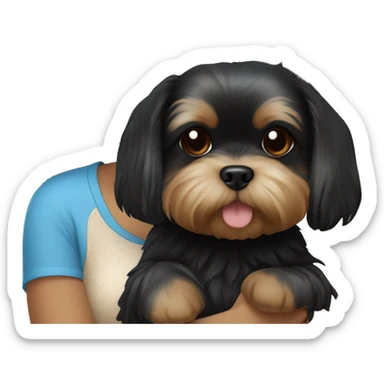 Black hair Chinese girl wearing blue and holding a Yorkie Shih Tzu puppy that is black and beige￼ sticker