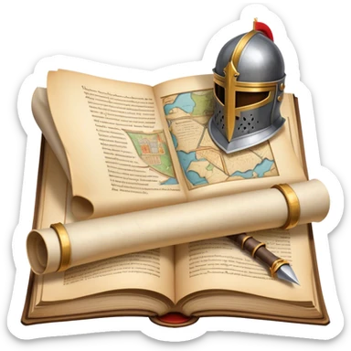 Icon for Historical Fiction Reading: an open book with pages showing ancient scrolls, a quill, a knight's helmet, and a parchment map. The icon should evoke the adventure and grandeur of historical settings and storytelling. Transparent background. sticker