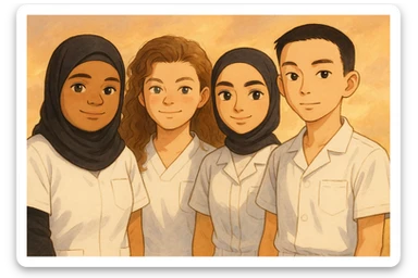 Four nursing students standing side by side in a warm atmosphere, Ghibli style. They wear white short-sleeved uniforms with medical tunic tops featuring V-neck collars and left chest pockets. No undershirts or stethoscopes. Faces and attitudes inspired by the four provided photos, version 4. sticker