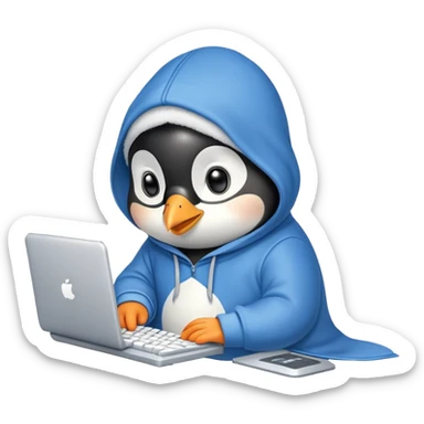 A cute penguin wearing a cozy hoodie typing on a computer keyboard sticker