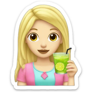 blonde girl straw drinking pink lemonade with one green lemon in the cup, with black watch sticker