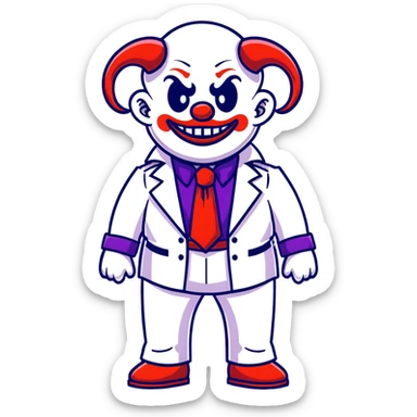 full-body demonic clown in a white leisure suit with bellbottom pants, bald, black ram horns, elevator shoes, flashy belt, ruffled shirt, colorful tie sticker