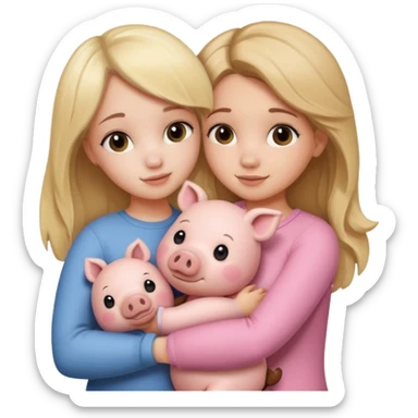 Girlfriends, blonde and brunette, hugging a teddy bear and a little pig sticker