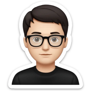 crea un uomo con i capelli corti scuri, occhiali da vista neri rettangolari e un maglione nero sticker