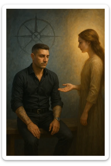 Uomo tra i 35 e i 45 anni seduto su una panchina o in una stanza tranquilla, sguardo rilassato ma spento, come sollevato nel mentale ma svuotato nello spirito. Davanti a lui una donna lo guarda con dolcezza, mano tesa come per offrire una soluzione. L’ambiente attorno all’uomo è grigio-bluastro, con la sua aura maschile che si dissolve leggermente, mentre intorno alla donna una luce calda e stabile. Sullo sfondo, un simbolo spezzato di bussola o direzione, a indicare la perdita di leadership interiore. Atmosfera riflessiva, stile realistico con simbolismi delicati sticker