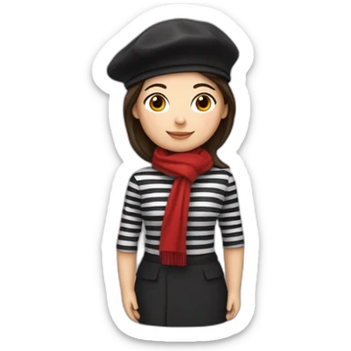 a french brunette girl with a beret, black and white striped clothes, a red scarf and a baguette on his back. sticker