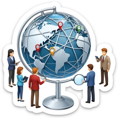 An icon featuring a group of people, a network diagram, and a magnifying glass, symbolizing sociology. The design includes a globe and interconnected lines, representing social structures and relationships. Transparent background highlights the study of societies and human behavior. sticker