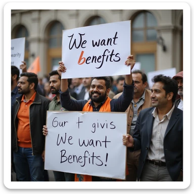 group of indian customers holding a board written "We want benefits" sticker