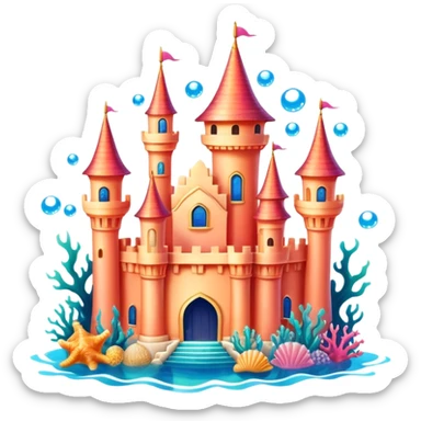 Ariel's underwater castle from The Little Mermaid, golden spires, colorful coral, seashell architecture, bubbles sticker