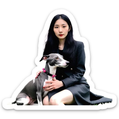 A beautiful 25-year-old Chinese woman with long black hair and a pure dark grey Italian Greyhound with absolutely NO white markings anywhere on its body sitting under a cherry blossom tree. The dog must be completely solid dark grey with no white on muzzle, paws, or chest. sticker